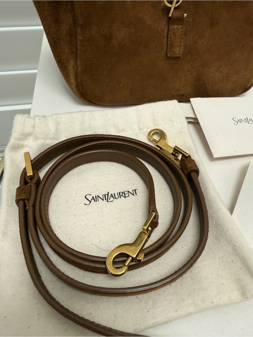 Saint Laurent Brown Suede Tote with Gold YSL Emblem - Picture 9 of 11
